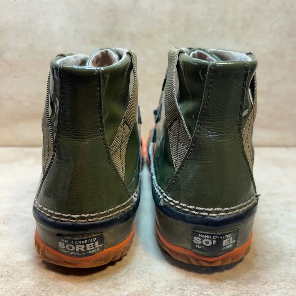 Sorel Out N About Rain Boots Womens 8 Olive Green Orange Waterproof NL2099-213
